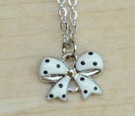 Black Polka Dots on White ribbon Necklace