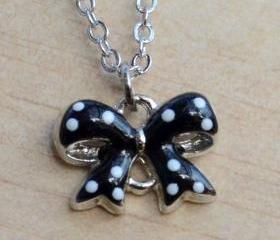 White Polka Dots on Black ribbon Necklace